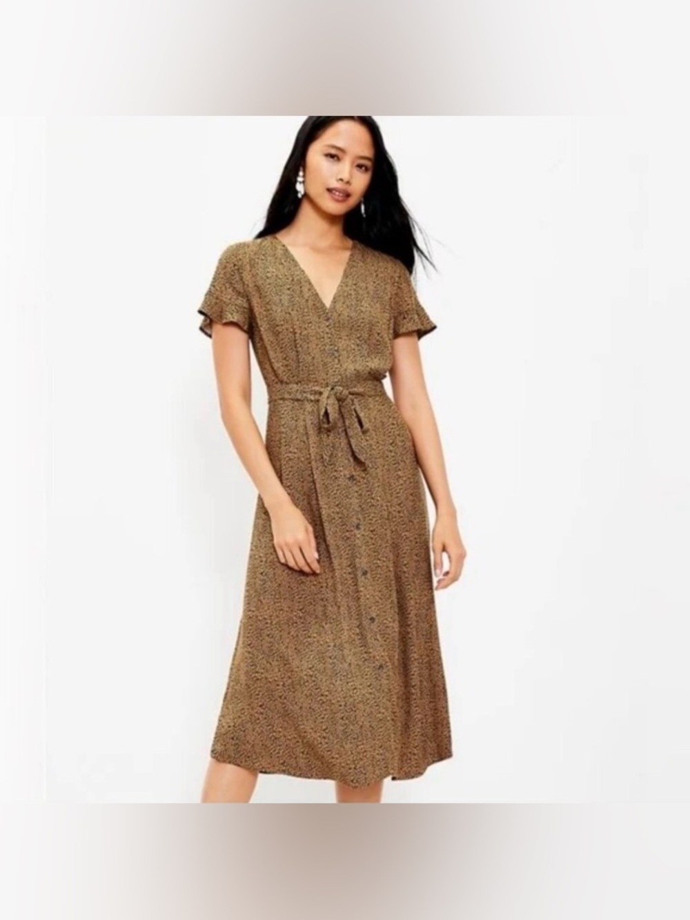 Loft Animal Print Button Front Midi Dress With Tie Back V-Neck Size 8